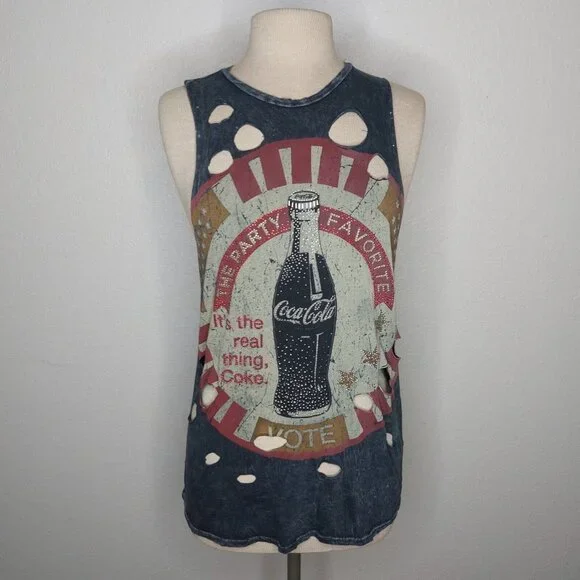 Coca Cola Womens Tank Top Small The Classic Grey Distressed Holes Party Favorite - Picture 2 of 12